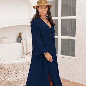 Plus Size Tie Neck Long Sleeve Slit Dress